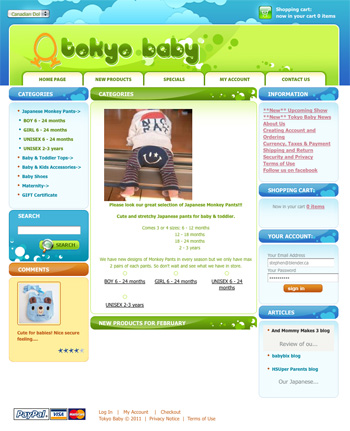 tokyobaby.ca - Customized template based on the CRE Loaded shopping cart system